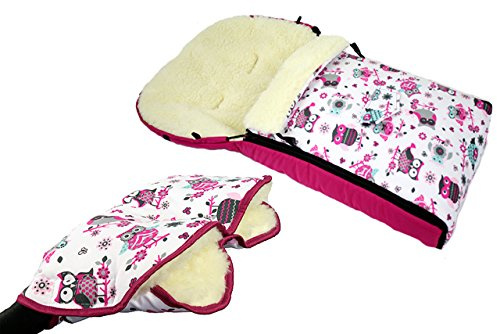 BAMBINIWELT KOMBI-ANGEBOT Muff/Handwärmer + universaler Winterfußsack (108cm), auch geeignet für Babyschale, Kinderwagen, Buggy, aus Wolle im Eulendesign (Motiv $1)