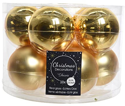 Decoris Weihnachtskugeln Glas 6cm x 10 Stück Christbaumkugeln matt glänzend hellgold