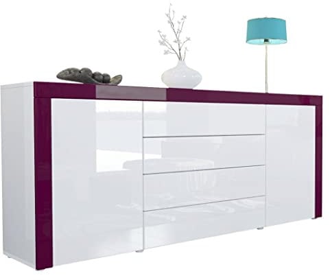 Vladon Sideboard Kommode La Paz, Made in Germany, Korpus in Weiß Hochglanz/Front in Weiß Hochglanz mit Rahmen in Brombeer Hochglanz