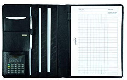 Alassio 43006-1 - Schreibmappe A4 CREMONA aus Nappaleder, Dokumentenmappe schwarz, Konferenzmappe ca. 32 x 25 x 2 cm, Mappe für A4 Dokumente, mit Taschenrechner, Block A4 und Einschubfächer