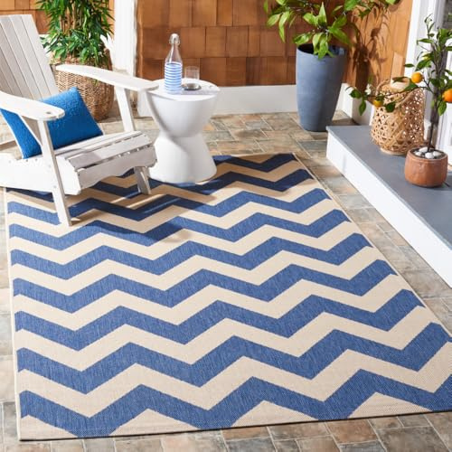 SAFAVIEH Washable Rug Outdoor Courtyard Collection - 5'3 x 7'7, Blue & Beige, Non-Shedding & Easy Cleaning, Ideal for Patio, Backyard, Mudroom (CY6244-243)