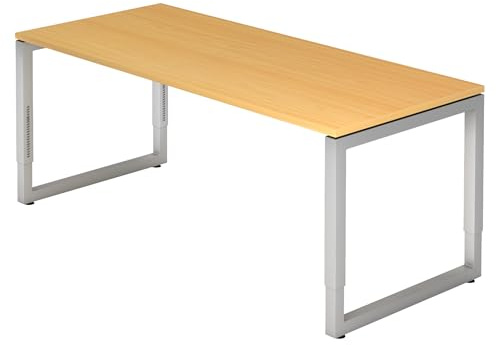 bümö höhenverstellbarer Schreibtisch R-Serie 180x80 cm in Buche, Gestell in Silber - großer PC Tisch für's Büro manuell höhenverstellbar, Computertisch verstellbar