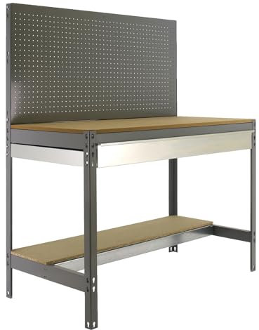 Simon Rack Banco de Trabajo Taller, Capacidad Carga 400 kg, 1445x910x610 mm, Mesa de Trabajo, 1 Cajón, Gris/Madera - BT2