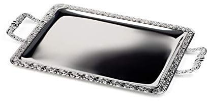 APS PlateauSCHÖNER ESSEN - plateau en acier inoxydable avec bord décoratif, poignées en zinc moulé chromé, rivetées, 60 x 36 cm, rectangulaire