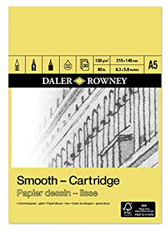 Daler-Rowney Smooth, Drawing Paper, Smooth Surface, 130 gsm, 80lb, Pad, Glued 1 Side, Cartridge, A5 - 5.8 x 8.3in - 14.8 x 21 cm, Natural White, 30 Sheets