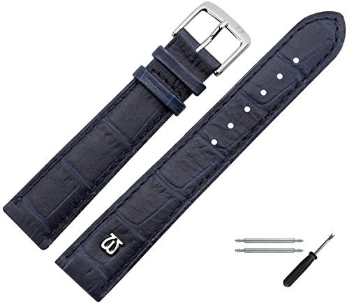 MARBURGER Uhrenarmband 18mm Leder Blau Silber Alligator Prägung Mit Naht - Montage Set 5281850000120