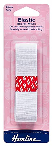 Hemline Woven Non-Roll Elastic – 25mm x 1m White Waistbands & Heavy-Duty Use Premium Polyester Elastic for Strong & Resilient Resists Rolling & Twisting, Ideal for Sewing & DIY Projects