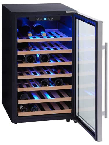 PKM Weinkühlschrank Vinothek WKS52A/ 5-18 °C/ 7 Holzeinschübe/ 120L Nutzinhalt/Platz für 52 Flaschen Wein/Soft-Touch Bedienfeld/LED-Beleuchtung/42 dB/ 84x50cm/ schwarz