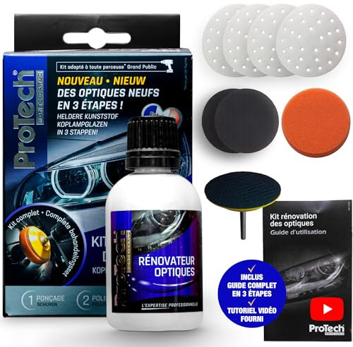 ProTechMC | Autoscheinwerfer-Renovierer | Optisches Scheinwerfer-Renovierungsset für bessere Sicht & Sicherheit | Original-Glanz & Brillanz Versichert Made in France