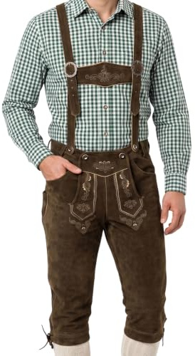 German Wear Trachtenlederhose Herren aus Nappaleder-Wildleder mit Hosenträgern – Original Trachten Kniebundhose, Kniebundlederhose für Volksfest & Trachtenfest Dunkelbraun - 56