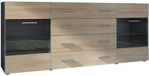 Vladon Sideboard Kommode Bari V2, Made in Germany, Korpus in Schwarz matt/Front in Eiche sägerau (166 x 72 x 35)