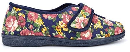 Sleepers Womens Wilma Wide Fit Cotton Slippers with Touch Fastening Floral Navy (EE Fitting) 6 UK
