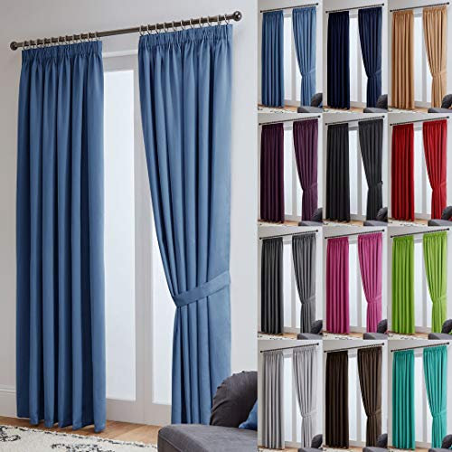 John Aird Blackout Curtains Pencil Pleat with Tie Backs – Thermal, Energy Saving Curtains for Bedroom & Living Room (Blue, 117 x 137cm (46x 54))