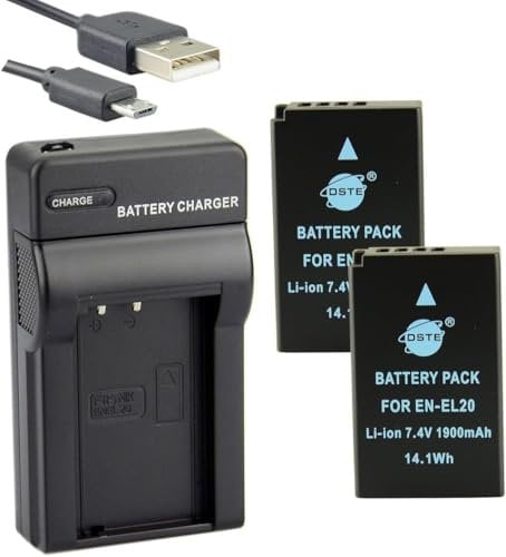 DSTE EN-EL20 Li-ion Battery (2-Pack) and Micro USB Charger Suit for Nikon Coolpix A, Nikon 1 J1, Nikon 1 J2, Nikon 1 J3, Nikon 1 AW1, Nikon 1 S1, Nikon 1 V3
