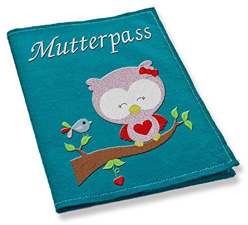 Mutterpass Mutterpasshülle Filz Eule Vogel bestickt Farbwahl schwarz weiß grau rot blau lila pink grün gelb türkis rosa Handarbeit (türkis)