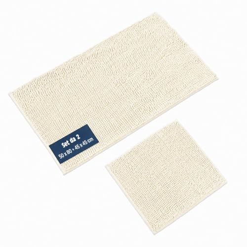 WohnDirect Badematten & Badteppiche Set 2 teilig Creme • WC Vorleger ohne Ausschnitt 45x45cm + Badematte rutschfest 50x80cm • Badvorleger rutschfest frottee waschbar • Badezimmerteppich ÖkoTex