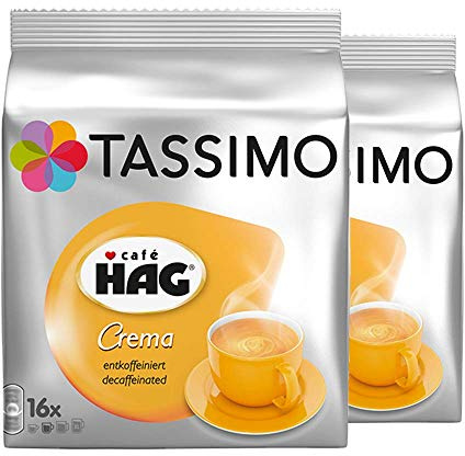 Tassimo Café HAG Crema Décaféiné, Rainforest Alliance Vérifié, Lot de 2, 2 x 16 T-Discs