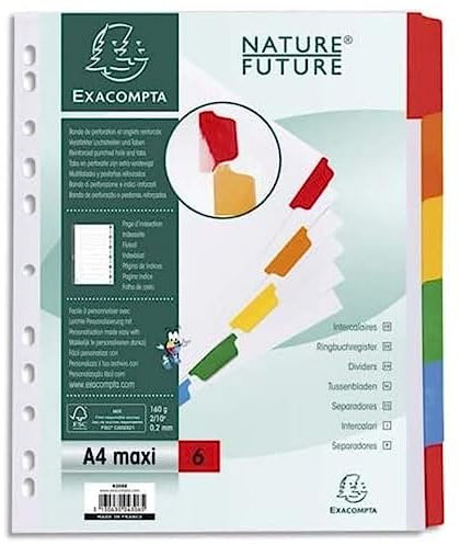Exacompta 4306E Karton-Register Weiß in Überbreite für DIN A4 MAXI aus starkem Karton 6-teilig volle Höhe 24 x 29,7 cm weiße Blätter 6 farbige und verstärkte Taben Trennblätter Trennstreifen