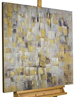 KunstLoft Leinwandbild | 100% HANDGEMALT | 80x80cm | Gemälde 'Laternenschimmer in der Nacht' | Abstrakt | Gelb | Wandbild Wohnzimmer