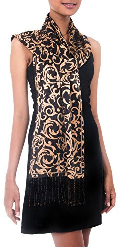 NOVICA Frau Schwarz und Beige 100% Seide Batik Schal, Nocturnal Royale' Einheitsgröße schwarz, beige