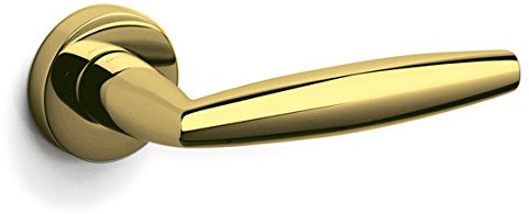 Poignée de porte modèle Arelia, matériau laiton, finition brillante, avec rosace et bec standard.
