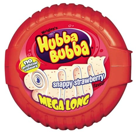 Hubba Bubba Snappy Strawberry Chewing Gum Mega Long Tape Bulk, 12 Packs | Strawberry Flavoured Desk Snack Station Essentials, Ideal for Weekend Trip Sweets, Afternoon Pick Me Up & Sweet Treat