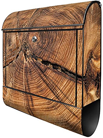 banjado® Design Briefkasten mit Jahresringe 38,5x46,5x13cm & 2 Schlüssel - Briefkasten Stahl schwarz mit Zeitungsfach pulverbeschichtet - Postkasten A4 Einwurf inkl. Montagematerial
