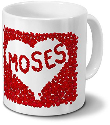 printplanet Tasse mit Namen Moses - Motiv Rosenherz - Namenstasse, Kaffeebecher, Mug, Becher, Kaffeetasse - Farbe Weiß