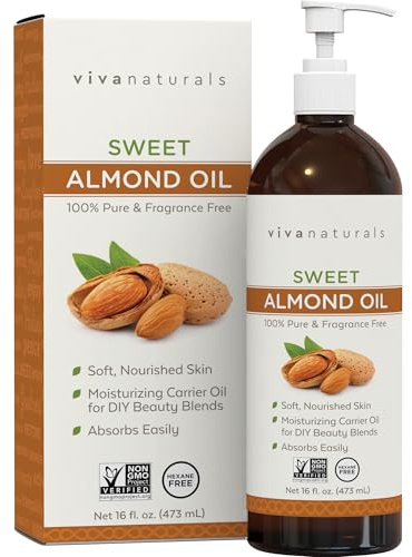 Viva Naturals Sweet Almond Oil, 16 fl. oz – Skin & Hair Moisturizer, Body & Massage Oil, Carrier Oil for Essential Oils, Non-Greasy & Pure