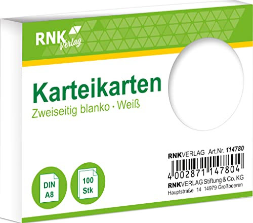 RNKVERLAG 114780 - Karteikarten blanko weiß, DIN A8, 1 Packung à 100 Karten