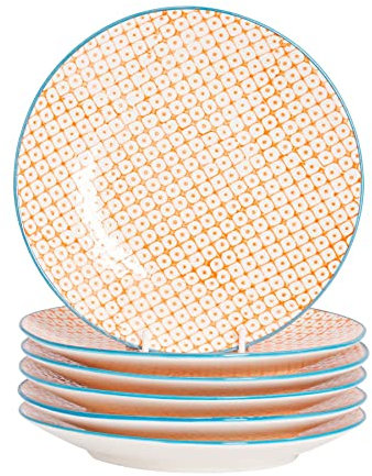 Nicola Spring Hand-Printed Side Plates - 18cm - Orange - Pack of 6 - Porcelain Decorative Patterned Dining Dish Plates for Snacks, Starters, Dinner, Dessert