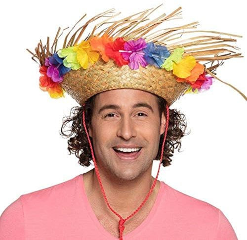 Boland 52537 - Hawaiihut Sammy, 1 Stück, Einheitsgröße, Strohhut mit bunten Blüten, rote Kordel, Blumen, Hibiskus, Mehrfarbig, Unisex, Strand, Sommer, Accessoire, Hut, Sonnenhut, Karneval, Mottoparty