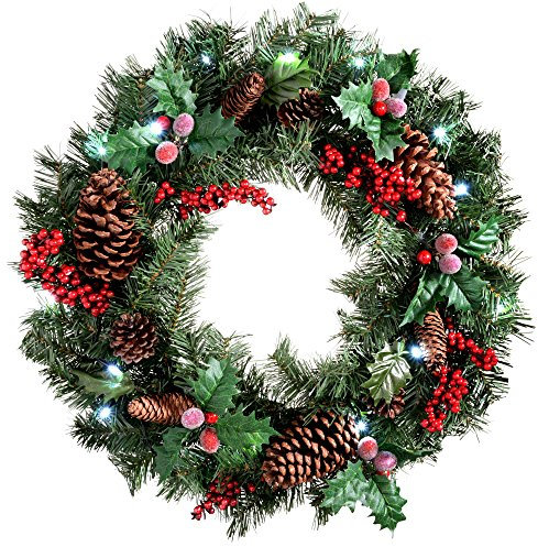 WeRChristmas Natural Pine Cone and Berry Decorated Pre-Lit Wreath Christmas Decoration Illuminated with 20 Cool White LED Lights, 60 cm - Red