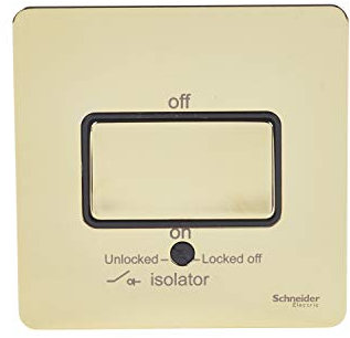 Schneider Electric Ultimate Screwless Flat Plate - Single Fan Isolator Switch, 3 Pole, 16AX, GU1413BPB, Polished Brass with Black Insert