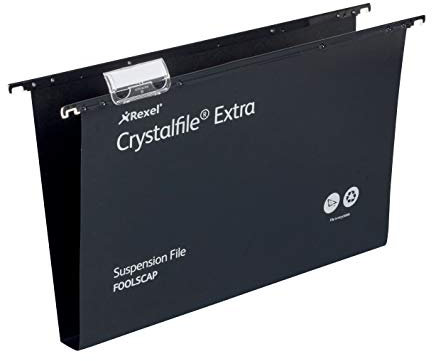 Rexel CrystalFile Extra Hängemappen (Polypropylen, 30 mm Boden, Format Foolscap) 25 Stück schwarz
