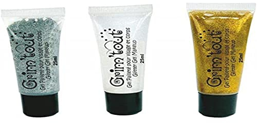 GRIM'TOUT Lot 3 Tubes Gel Paillettes Visage - Or, Argent, Cristal 25 ml - Maquillage à l’Eau Enfant - Sans Parabène - Facile à Appliquer et Nettoyer - Loisirs Créatifs - Carnaval, Fetes