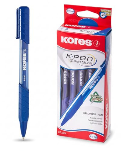 Kores 37611 - K6: Blauer Druckkugelschreiber, 1 mm Medium Point Biro mit wischfester Tinte für flüssiges Schreiben, weicher Griff, Schul- und Bürobedarf, 12er-Pack