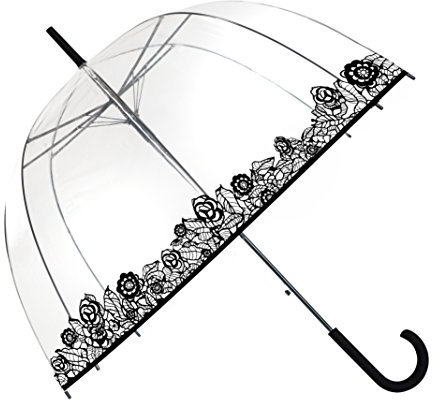 SMARTBULLE Transparenter langer Regenschirm - Glockenform; Stabil; Automatische Öffnung; Durchmesser=85cm; Transparenter Griff; Damenregenschirm; Schwarze Spitze/Rosenborden.