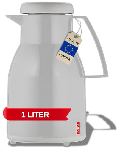 Helios Wash Thermoskanne Grau 1L - 6h Heiß - Hält Getränke heiß & kalt – 100% dichter Drehverschluss – Spülmaschinenfest – Doppelwandiger Glaseinsatz