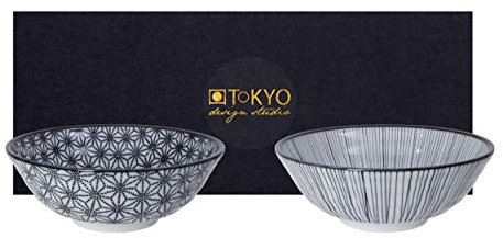 TOKYO design studio Nippon Black 2-er Schalen-Set schwarz-weiß, Ø 21 cm, ca. 1000 ml, asiatisches Porzellan, Japanisches Design mit schwarzen Mustern, inkl. Geschenk-Verpackung