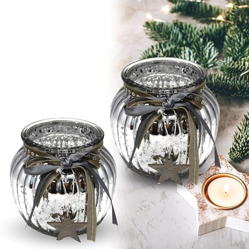 Bada Bing 2er Set Glas Windlicht Silber - Teelichtgläser bauernsilber mit Deko Holz Stern Bändern - Wunderschönes Stimmungslicht als Tischdeko für Weihnachten - Kerzenhalter Balkon Terrasse