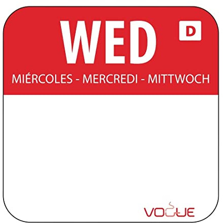 Vogue Dissolvable Food Rotation Label Wednesday (Roll 1000) | Dissolves completely in water in under 30 seconds to prevent sticky residue build-up on kitchen storage containers.