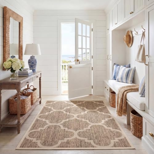 SAFAVIEH Washable Rug Outdoor Courtyard Collection - 4' x 5'7, Brown, Non-Shedding & Easy Cleaning, Ideal for Patio, Backyard, Mudroom (CY6243-242)