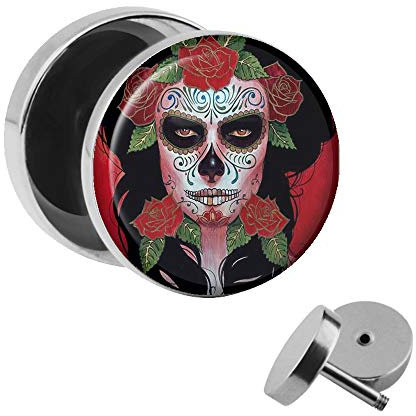 Treuheld | Ohrstecker zum Schrauben - La Catrina - rot - Motiv Fake-Plug Ø 10mm Silber - Edel-Stahl Ohr-Ringe - Chirurgen-Stahl 316L Fake-Tunnel - Gewinde Ohr-Stecker - Tag der Toten mexiko