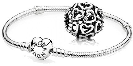 Pandora, set regalo originale, 1 braccialetto in argento con cuore e chiusura 590719 e 1 charm in argento “Apri il tuo cuore” 790964, argento, cod. 590719-21 + 790964