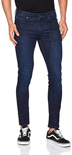 ENZO Herr Super Skinny Slim Fit Stretch Denim Retro Jeans Byxor, Mörk stentvätt, 30W x 32L