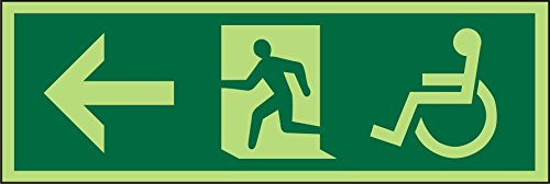 Seco DDA Fire Exit – Flèche pointant vers la gauche, homme qui coule à gauche, pictogramme pour fauteuil roulant, 450 mm x 150 mm – Plastique semi-rigide photoluminescent de 1 mm