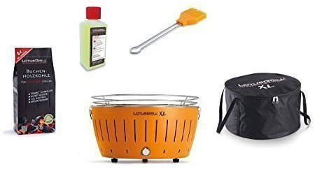LotusGrill XL Starter Set 1x MANDARINO 1x CARBONE legno di Faggio 1KG,1x PASTA MASTERIZZAZIONE 200ml,1x Pennello da barbecue mandarino,1x Borsa trasporto - Der raucharme a carbone/Griglia tavolo VARI