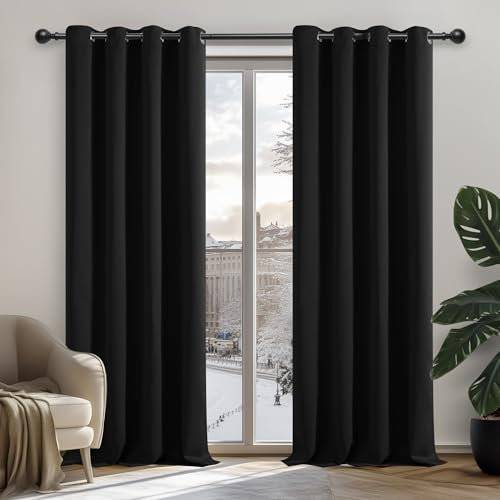 Deconovo Verdunkelungsgardinen mit Ösen Gardinen Schlafzimmer Vorhang gegen Kälte Blickdicht, 245x140 cm(HöhexBreite), Schwarz, 2er Set
