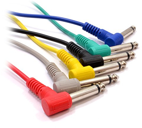 kenable 6.35mm Mono Jack Patch Cables Right Angled Screened Audio Leads for Mixing Desk Guitar Effects Pedals 6 Pack Assorted Colours 30cm